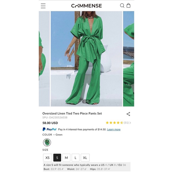 Pants - Commense Oversized Linen Tied Two Piece Pants Set in Green Size Small